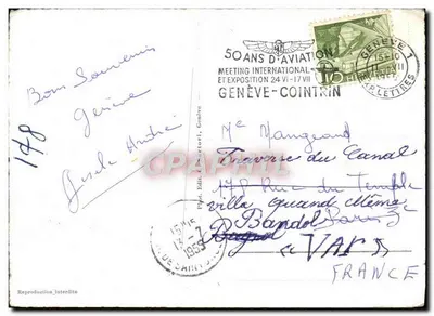 Genebra — Os cisnes, o jato d'água (120 m.) e o Mont-Blanc — Editor Pipt. Edição de Géntori, Genebra, n° 343 — Verso