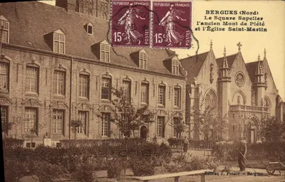 Bergues (Nord) — O Square Sapelier, o antigo Mont de Piété e a Igreja Saint-Martin — Edição J. Patoor