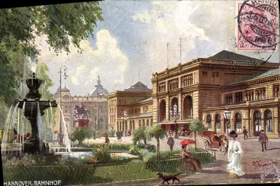 Hannover, Bahnhof — vue du square avec fontaine et édifice — Tuck's Postkarte, série n° 830 B