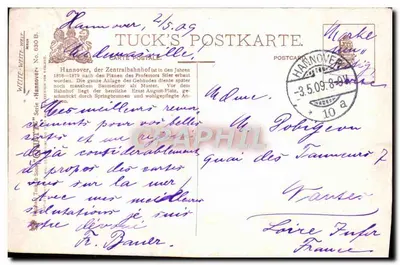 Hannover, Bahnhof — vue du square avec fontaine et édifice — Tuck's Postkarte, série n° 830 B — Verso