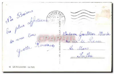 Cap — Vue du port avec bateaux et voiture d'époque — éditeur LE POULIGUEN - Le Port — Verso