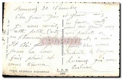 Buquê de myosotis — editor Vittorio Uff. Stampa Milano, série artística aquarela n°1403 — Verso