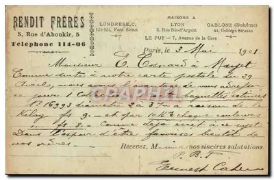 Carta Postal Bendit Freres 5 Rue d'Aboukir Paris Londres Lyon Gablonz Le Puy