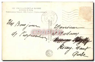 Exposition Internationale Paris 1937 — Pavillon de la Suisse avec bateau sur le quai — éditeur CH — Rewers