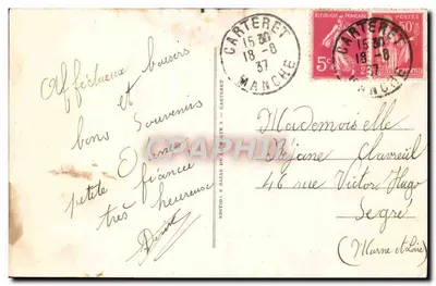 Bilhete postal antigo Carteret La Plage le et les Rochers — Verso