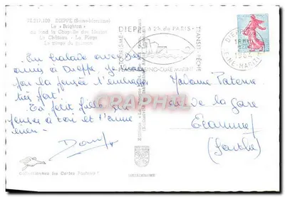 Dieppe — vista do porto, do castelo, da praia e dos pescadores — Editor Mexichrome — Verso