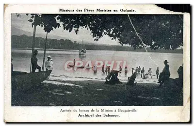 Bilhete postal antigo Missões dos Padres Maristas na Oceânia Chegada do navio da Missão a Bougainville Arquipélago das Salomão