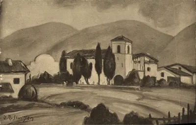 Vista de aldeia com igreja — O País Basco — por Jean-Roger Sourgen