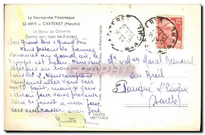 A Normandia Pittoresca — O joia do Cotentin, Contre Jour nas Falésias — Édit. Normandie, St-Pierre-Église — Verso
