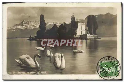 Ilha de Clarens e Dent du Midi — vista lacustre com cisnes — editor Bromure, Genebra