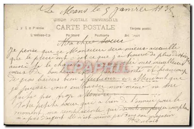 Homem em traje — segurando um buquê e um cartaz 'Aujourd'hui Bonne Année' — editor ASTOR, n° 2107 — Verso