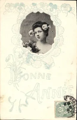 Jovem mulher com flores — Boa Ano — editor Paris, número de série não visível