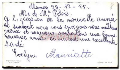 Zimowy krajobraz z domem i kościołem — Szczęśliwego Nowego Roku — M.D. PARIS, seria N° 203 — Rewers