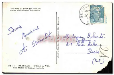 Beauvais — Hotel de Ville i Statua Jeanne Hachette — Librairie-Imprimerie Pr-vot et Cie — Rewers