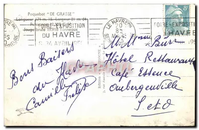 Paquebote "DE GRASSE" — Cliché Cie Générale Transatlantique — edição Le Havre — Verso