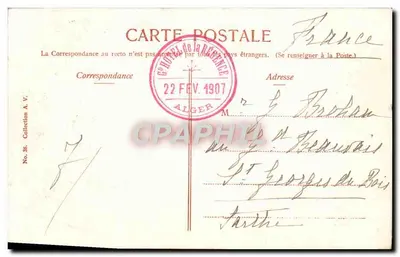 Alger, Rue du Chameau — widok kobiety z chustą w uliczce — wydawca nieznany, numer serii nieczytelny — Rewers