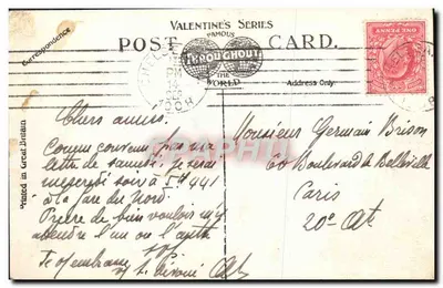 Trafalgar Square, Londres — vista com o Monumento de Nelson e as fontes — Série Valentine's Card n°7030 — Verso