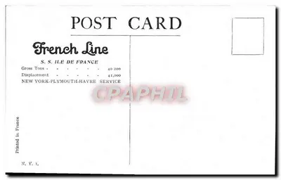 S.S. ILE DE FRANCE — French Line — serviço New York-Plymouth-Havre — Verso