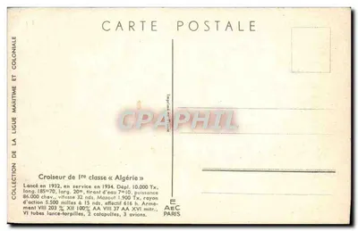 Cruzeiro de 1ª classe «Algérie» — Coleção da Liga Marítima e Colonial — E.A.E.C. Paris — Verso