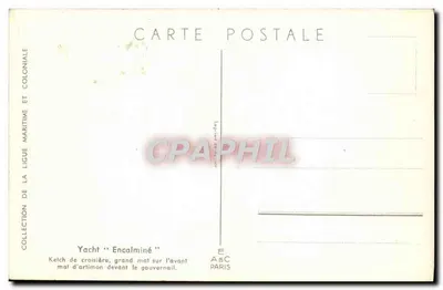 Jacht "Encalminé" — ketch rekreacyjny z wysokim masztem przed sterem — rysunek L. Haffner — Rewers