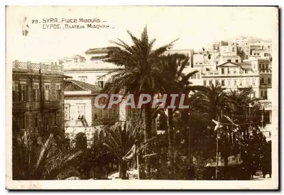 Syra - Place Miaoulis — vista da praça com palmeiras e edifícios — editor François E. Poutas, Syra