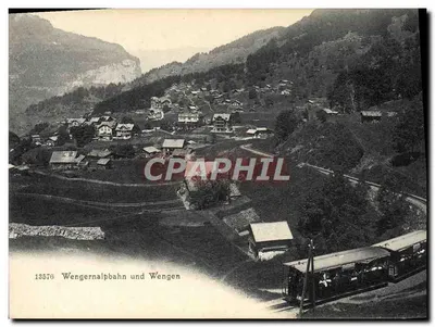 Wengernalpbahn e Wengen — vista panorâmica com trem — Photographie-Verlag Wehrli A.-G., Kilchberg, Zürich