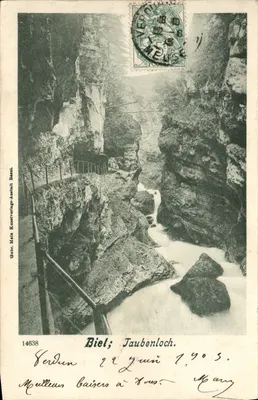 Biel; Taubenloch — vista do cânion com cascata — editor Gebr. Mets Kunstverlags-Anstalt Basel, n° 14638