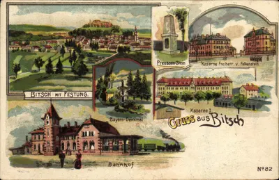 Bitsch mit Festung — vue panoramique avec monument, gare et caserne — N°82