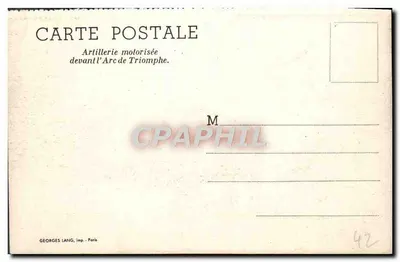 Motoryzowana artyleria przed Arcem Triumfalnym — Georges Lang, imp. Paris — Rewers