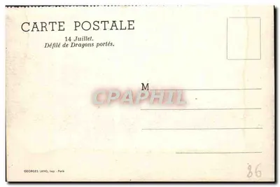 Desfile de Dragões a Cavalo — 14 de Julho — Georges Lang, imp. Paris — Verso