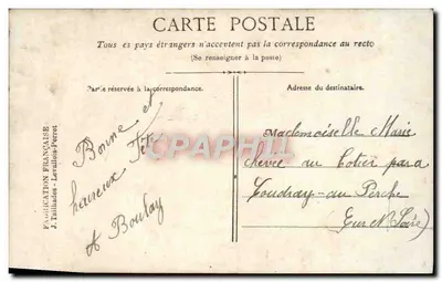 Dziewczyna w sukni z wyhaftowanym brzegiem trzymająca bukiet — Heureuse Fête — Boulanger, nr 718 — Rewers