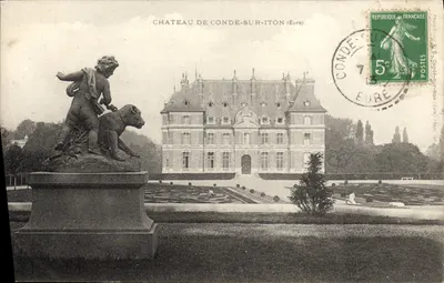 Castelo de Condé-sur-Iton (Eure) — estátua de criança e leão — editor desconhecido, número de série não visível