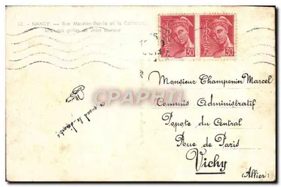 Stara pocztówka Nancy — Rue Maurice Barres i Katedra — Jedna z krat Jean Lamour — Rewers
