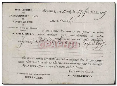 Carta-corrispondenza - Società Anonima dei Carbone Uniti dell'Ovest di Mons — editore non visibile, numero di serie non visibile — Verso