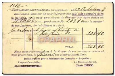 Anderlecht-Bruxelles — Fatura comercial — Sociedade Anônima para Fabricação de Cartuchos e Projéteis, n°1110 — Verso