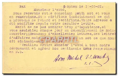 Carta postal belga — endereço ao Sr. o padre Bruneau em Le Mans — editor anônimo, número de série não visível — Verso