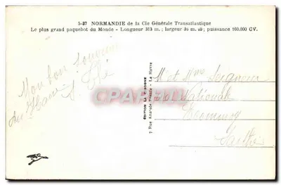 O navio transatlântico Normandie — Cia Geral Transatlântica — Edição La Gzoone — Verso