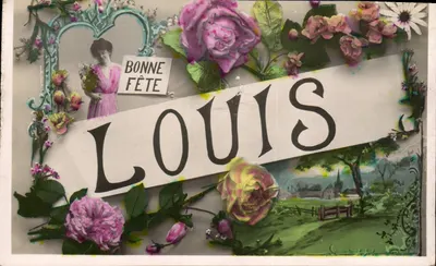 Bilhete postal antigo Fantasia Flores Nome Louis