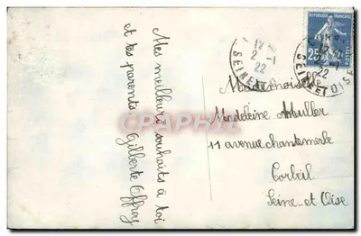 Joven mujer con suéter y gorro — Feliz Año — editor Grima, n° 3468 — Reverso