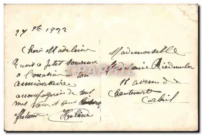 Witaj na urodzinach — młoda kobieta w błękitnym stroju trzymająca bukiet — wydawca Furia, n° 17873 — Rewers