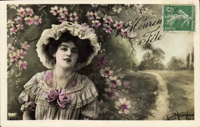 Femme en robe et chapeau à fleurs — scène bucolique — éditeur Bellone, n° 4015