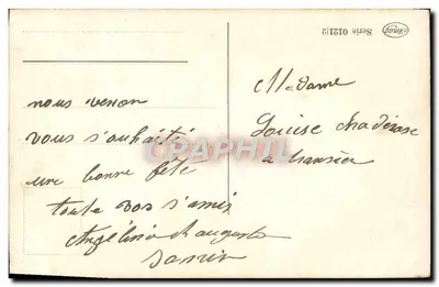 Kobieta w fioletowej sukni trzymająca bukiet — 'De Louise' — seria 0121/2, wydawca Sinbad — Rewers