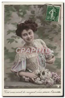 Mulher segurando um buquê de flores de maio — texto impresso e manuscrito — n°753
