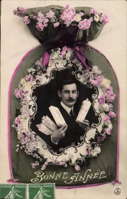 Portrait d'homme avec livres — décor floral et texte 'Bonne Année' — éditeur République Française, n° S