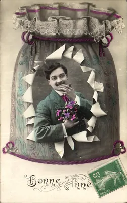 Homem com buquê de flores — em um décor de bolsa bordada — editor desconhecido, número de série não visível
