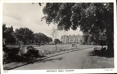 Greyfriar's Green, Coventry — vista do parque com edifício e banco — Tuck Card