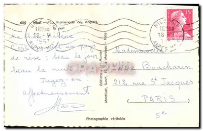 Nice - La Promenade des Anglais — noche — Ediciones de Arte Montliuet, n°680 — Reverso