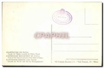 पैविया के सर्टोसा — फ़ासाड और पैलेस्सो डुकाले का एक हिस्सा — प्रकाशक Fetotipia Zacchetti, संख्या 102 — पीछे