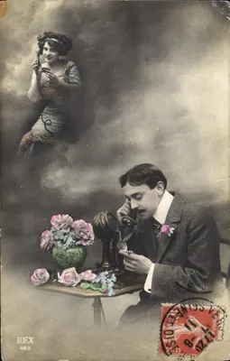 Jeune homme au téléphone — scène de salon avec fleurs — éditeur REX n°483