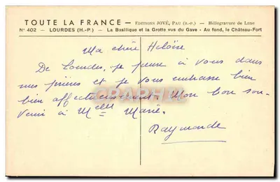 Lourdes (H.-P.) — La Basilique et la Grotte vus du Gave — Au fond, le Château-Fort — Éditions JOVÉ, Pau (B.-P.) — N° 402 — Rewers